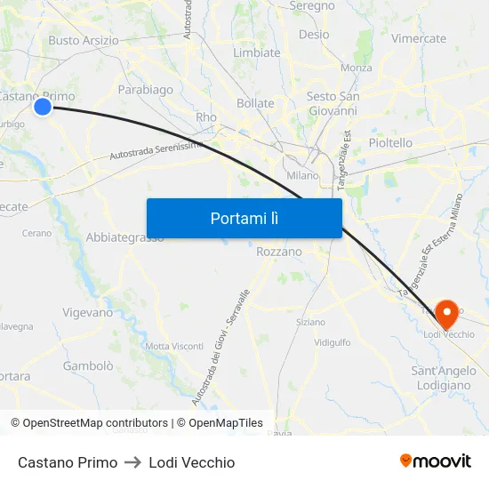 Castano Primo to Lodi Vecchio map