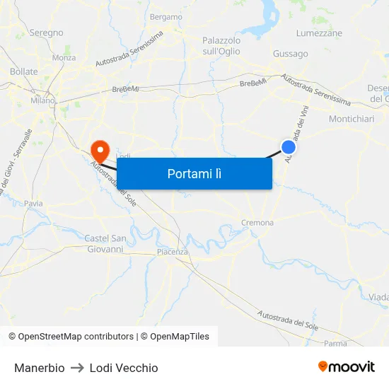 Manerbio to Lodi Vecchio map