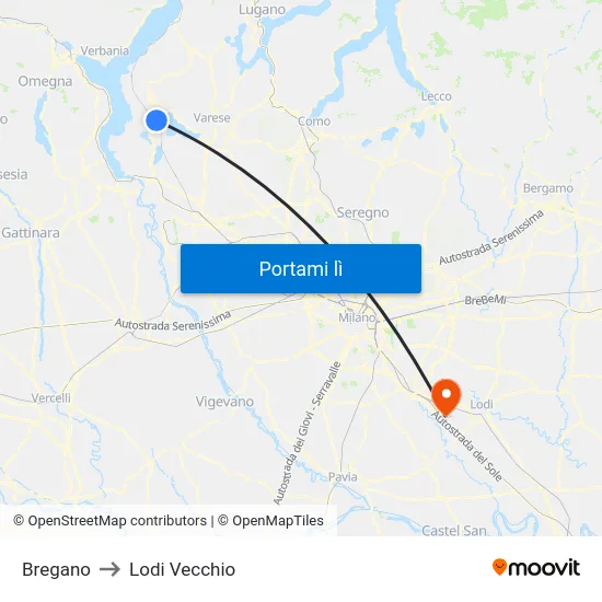 Bregano to Lodi Vecchio map
