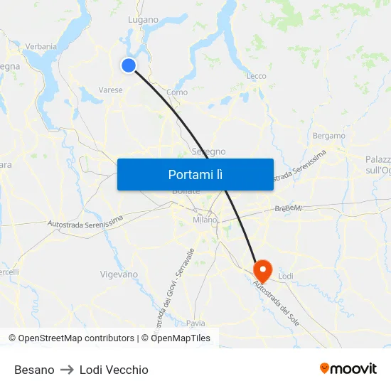 Besano to Lodi Vecchio map