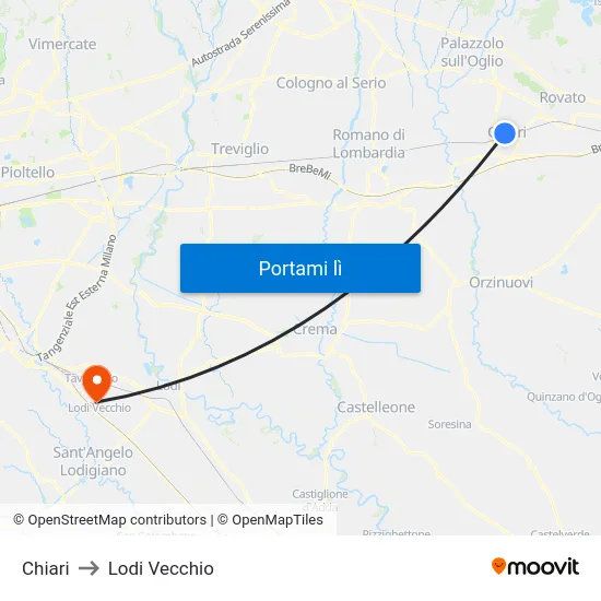 Chiari to Lodi Vecchio map