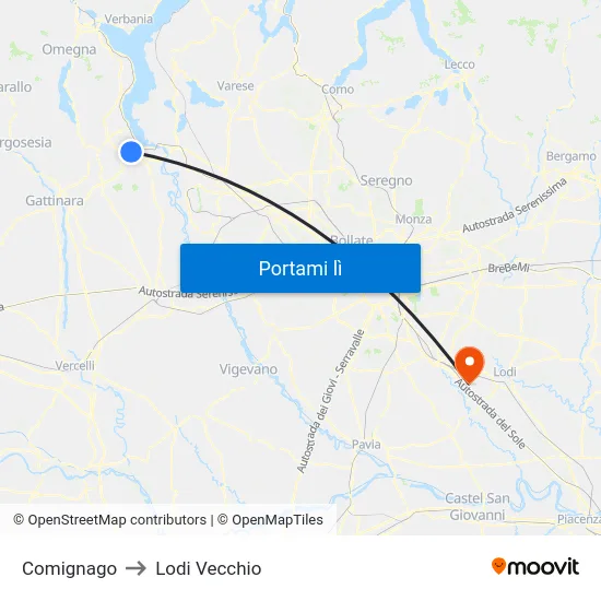 Comignago to Lodi Vecchio map