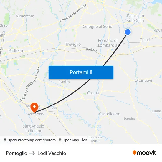 Pontoglio to Lodi Vecchio map