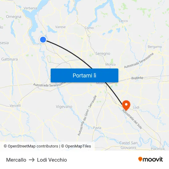 Mercallo to Lodi Vecchio map