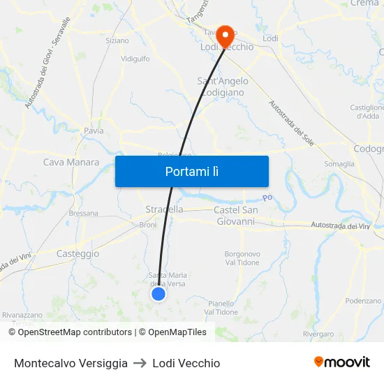 Montecalvo Versiggia to Lodi Vecchio map