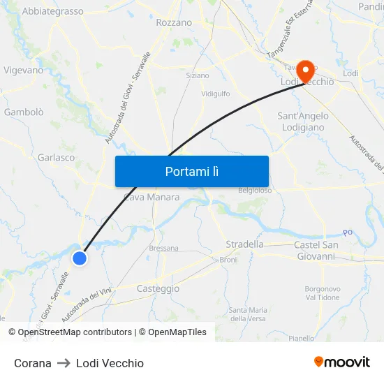 Corana to Lodi Vecchio map