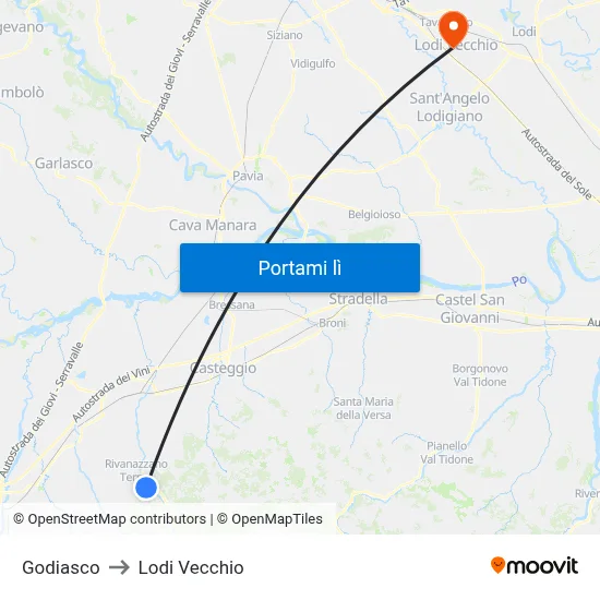 Godiasco to Lodi Vecchio map