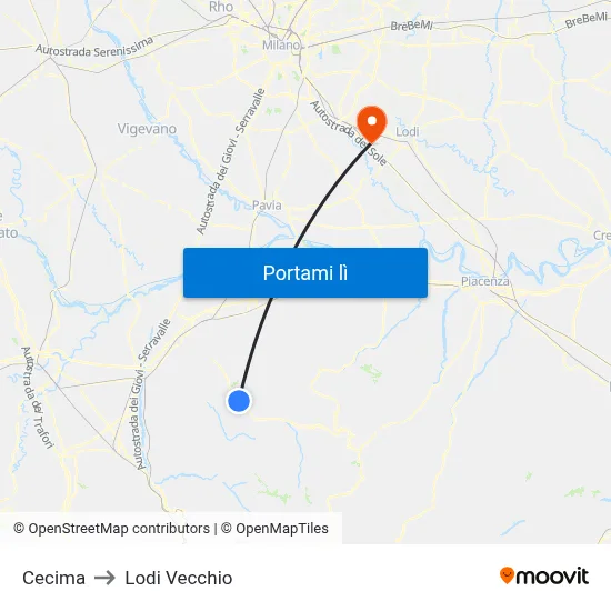 Cecima to Lodi Vecchio map