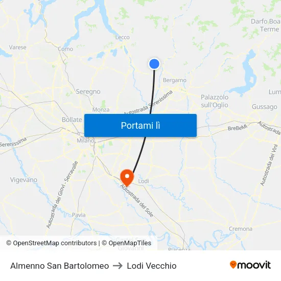 Almenno San Bartolomeo to Lodi Vecchio map