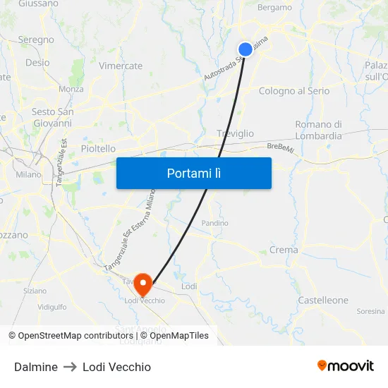 Dalmine to Lodi Vecchio map