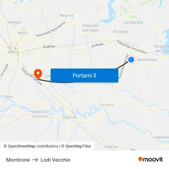 Montirone to Lodi Vecchio map