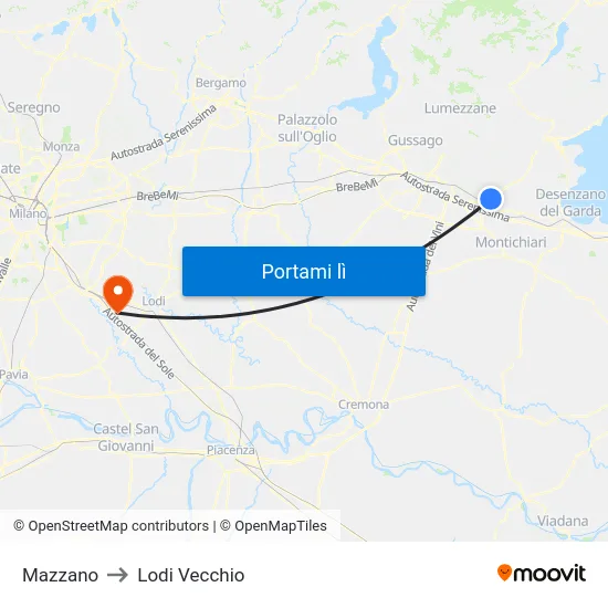 Mazzano to Lodi Vecchio map
