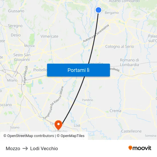 Mozzo to Lodi Vecchio map