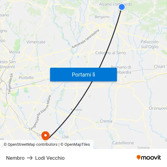 Nembro to Lodi Vecchio map