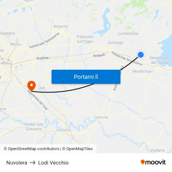 Nuvolera to Lodi Vecchio map
