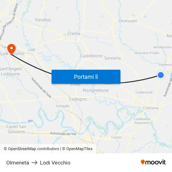 Olmeneta to Lodi Vecchio map