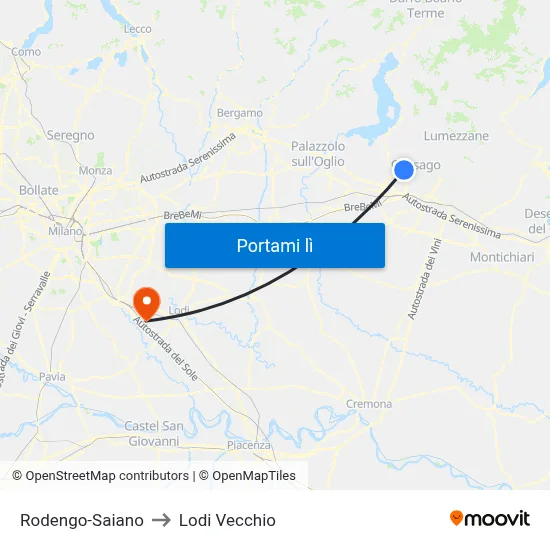 Rodengo-Saiano to Lodi Vecchio map