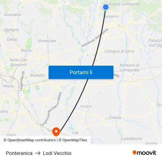 Ponteranica to Lodi Vecchio map