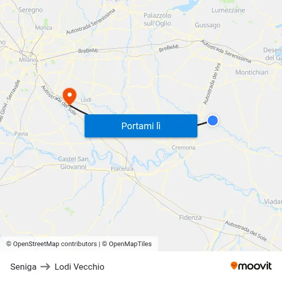 Seniga to Lodi Vecchio map
