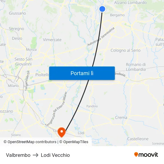 Valbrembo to Lodi Vecchio map