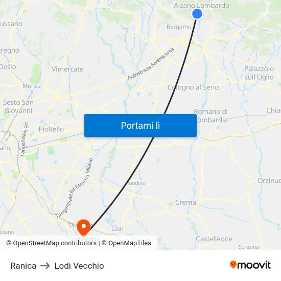 Ranica to Lodi Vecchio map