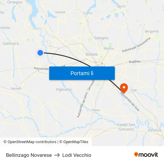 Bellinzago Novarese to Lodi Vecchio map