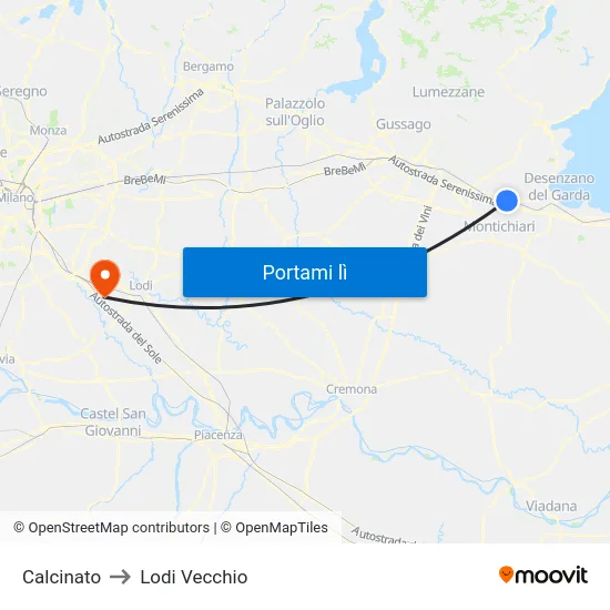 Calcinato to Lodi Vecchio map