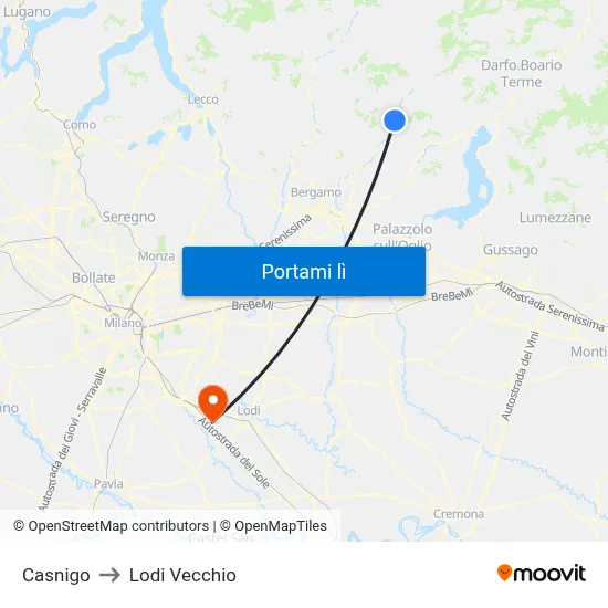 Casnigo to Lodi Vecchio map