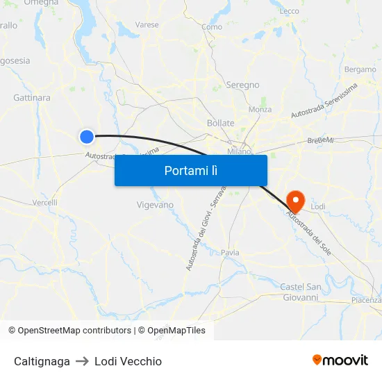 Caltignaga to Lodi Vecchio map