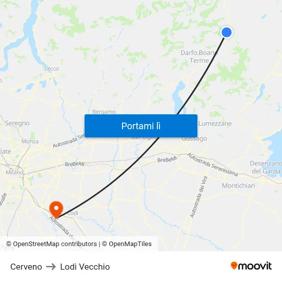 Cerveno to Lodi Vecchio map
