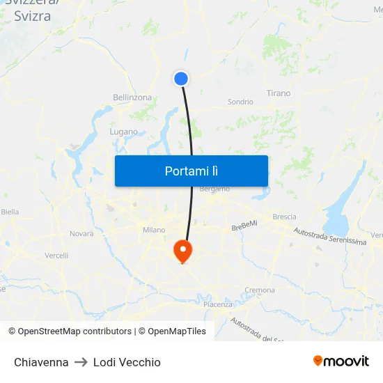 Chiavenna to Lodi Vecchio map