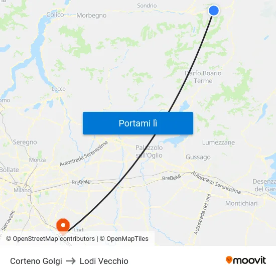 Corteno Golgi to Lodi Vecchio map