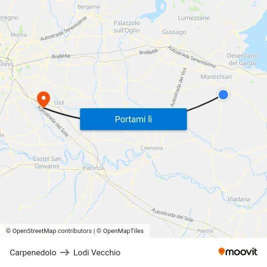Carpenedolo to Lodi Vecchio map