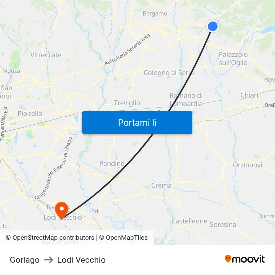 Gorlago to Lodi Vecchio map