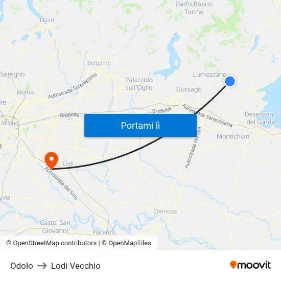 Odolo to Lodi Vecchio map