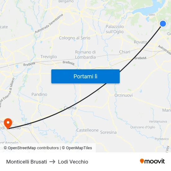 Monticelli Brusati to Lodi Vecchio map