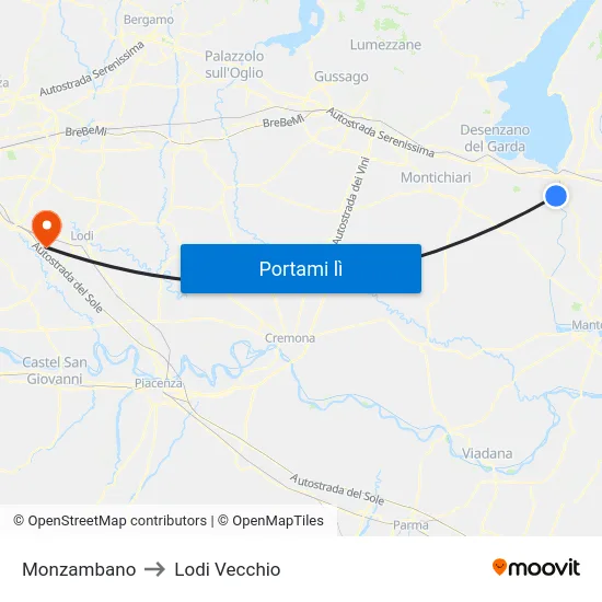 Monzambano to Lodi Vecchio map