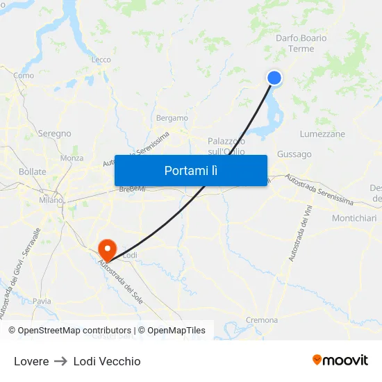 Lovere to Lodi Vecchio map