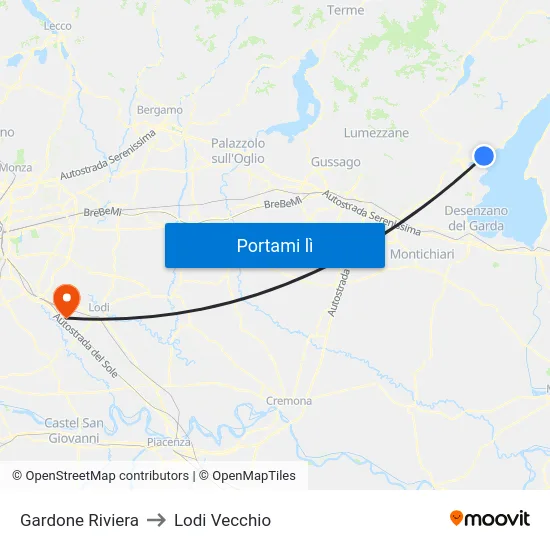 Gardone Riviera to Lodi Vecchio map
