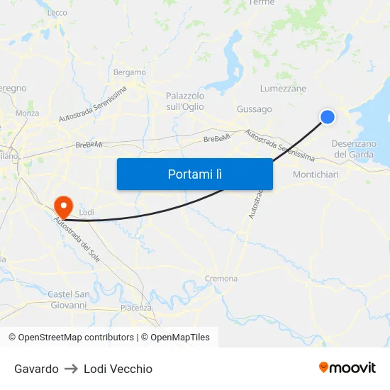 Gavardo to Lodi Vecchio map