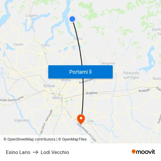 Esino Lario to Lodi Vecchio map