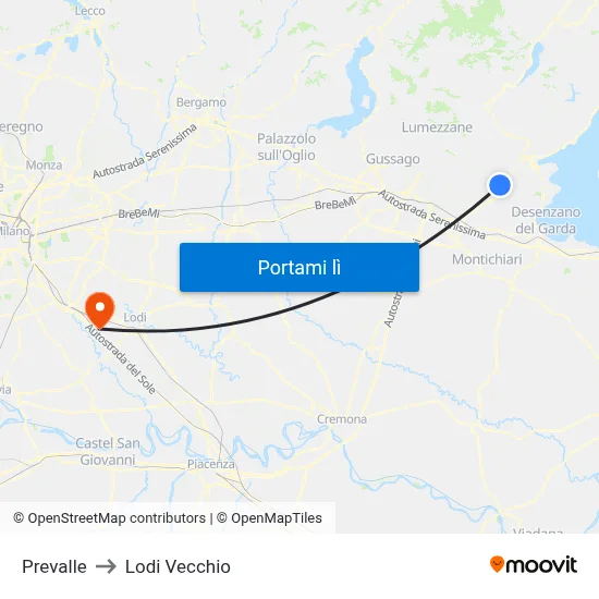 Prevalle to Lodi Vecchio map