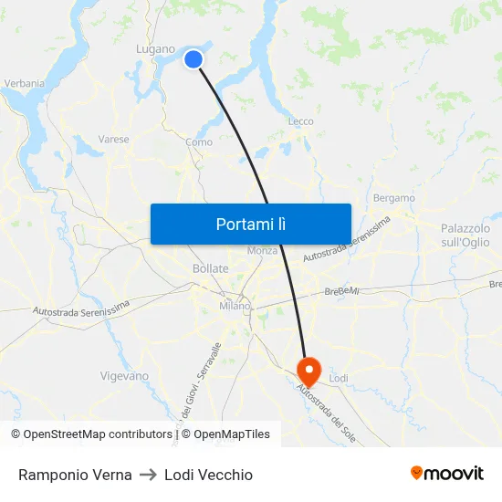Ramponio Verna to Lodi Vecchio map