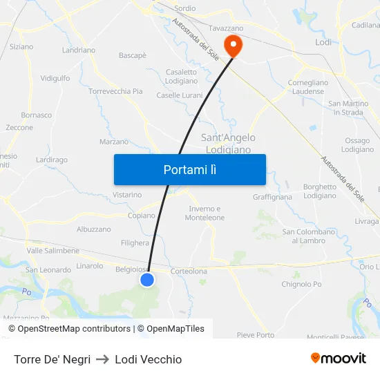 Torre De' Negri to Lodi Vecchio map