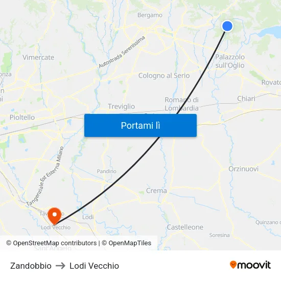 Zandobbio to Lodi Vecchio map
