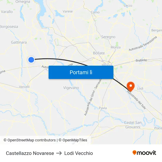 Castellazzo Novarese to Lodi Vecchio map