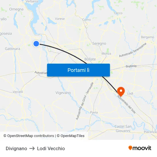 Divignano to Lodi Vecchio map