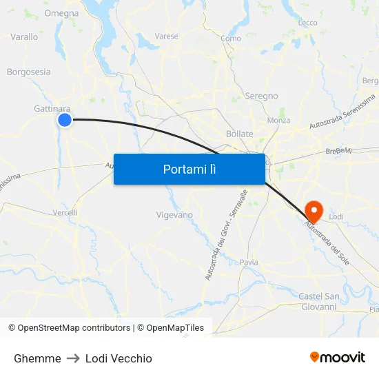 Ghemme to Lodi Vecchio map