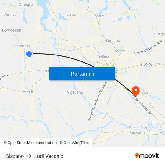 Sizzano to Lodi Vecchio map