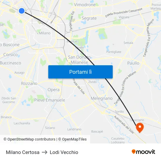 Milano Certosa to Lodi Vecchio map
